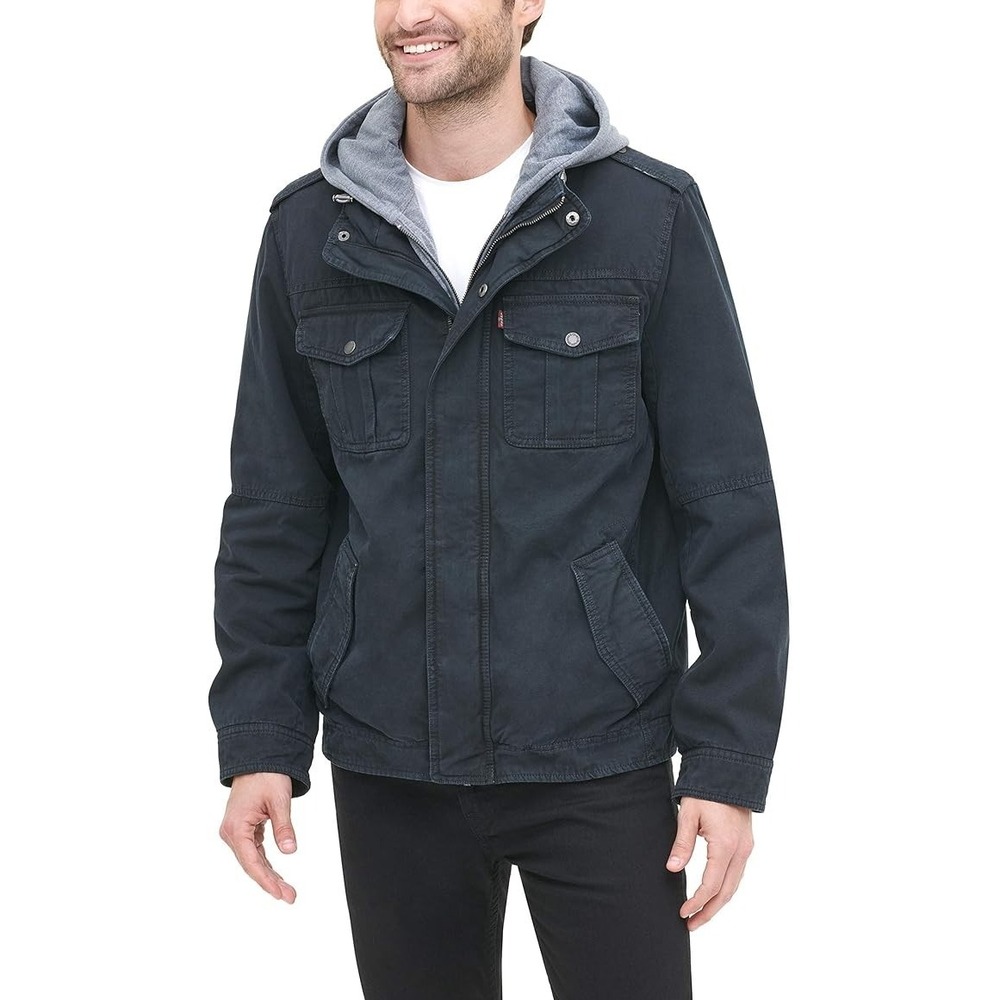 Levi's Men's‎ XL Washed Cotton Military Jacket with Removable Hood~NWT~NAVY